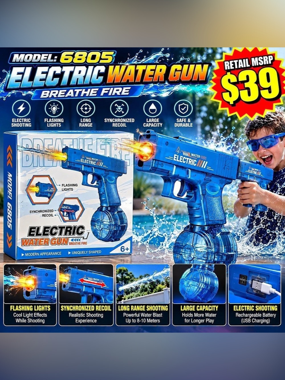 BLUE 6805 Electric Water Gun Blue Like New